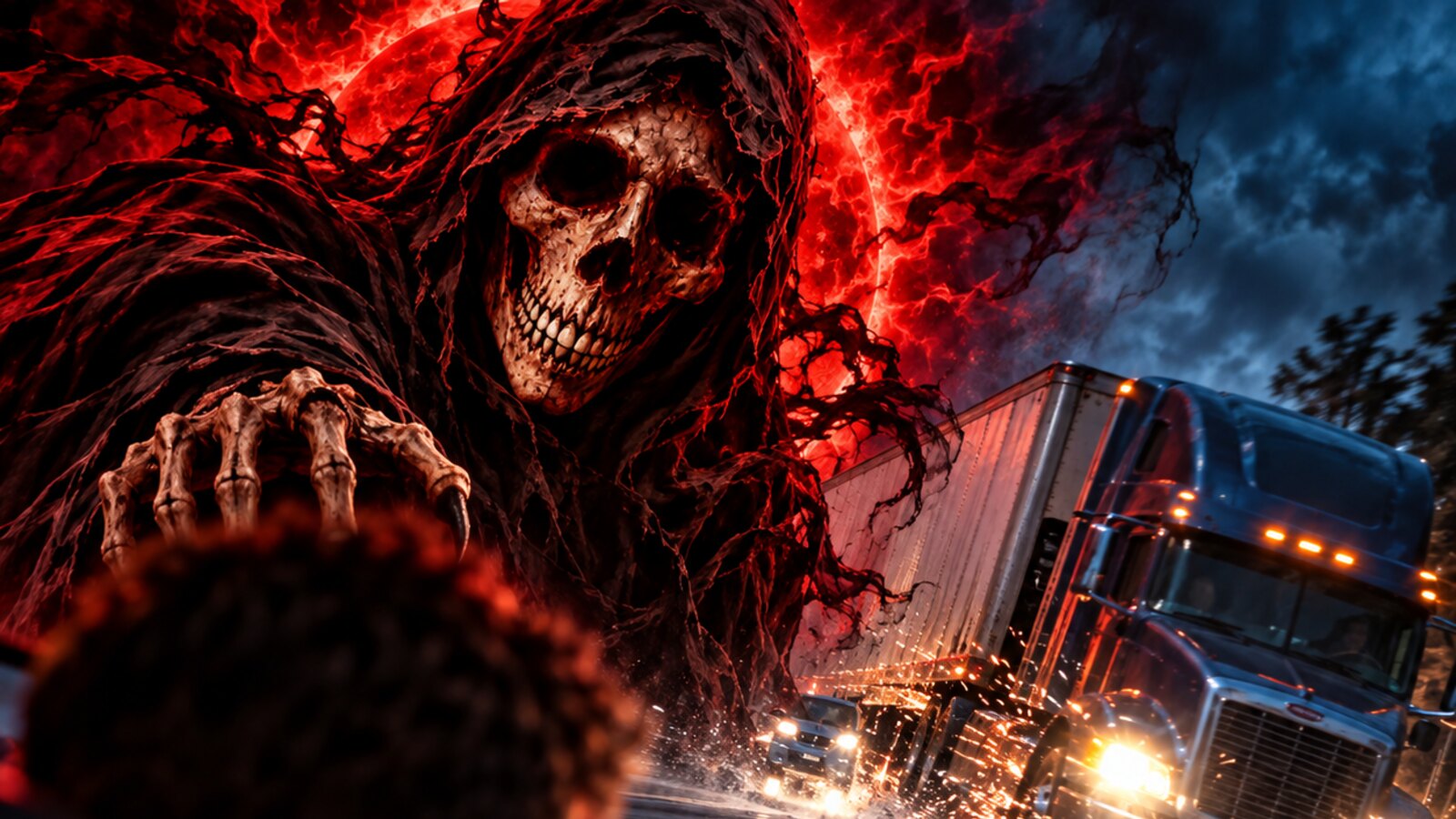 A hooded reaper looming over a dark road at night