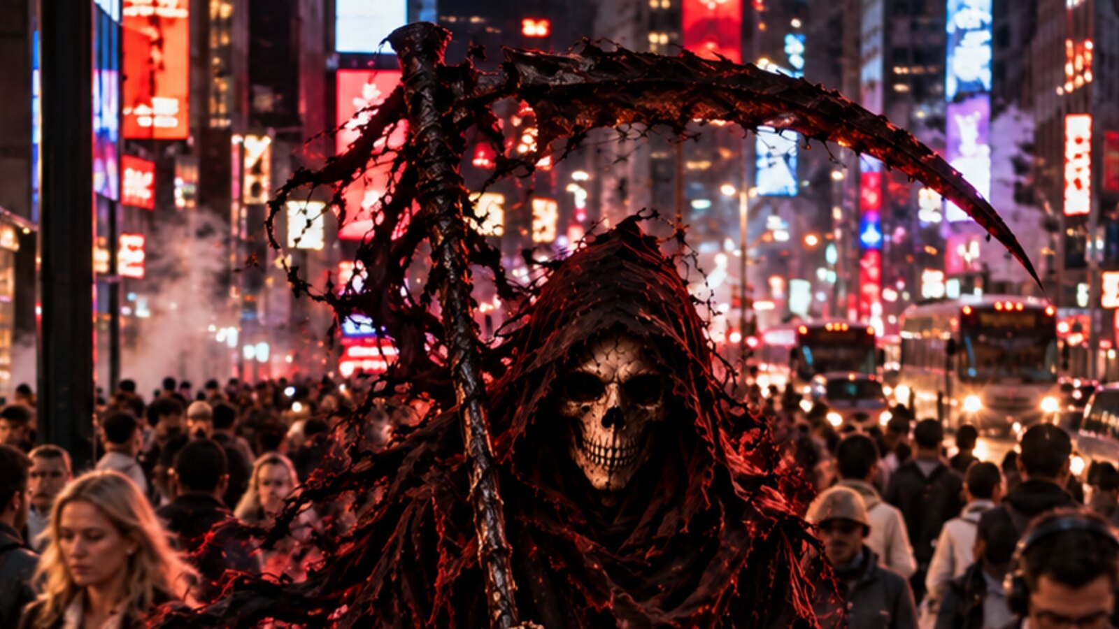 A hooded reaper moving through a crowd at night
